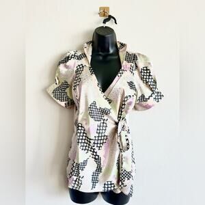 Vintage Y2K BCBG Max Azria Satin Wrap Top | Abstract Print Puff Sleeve Blouse S